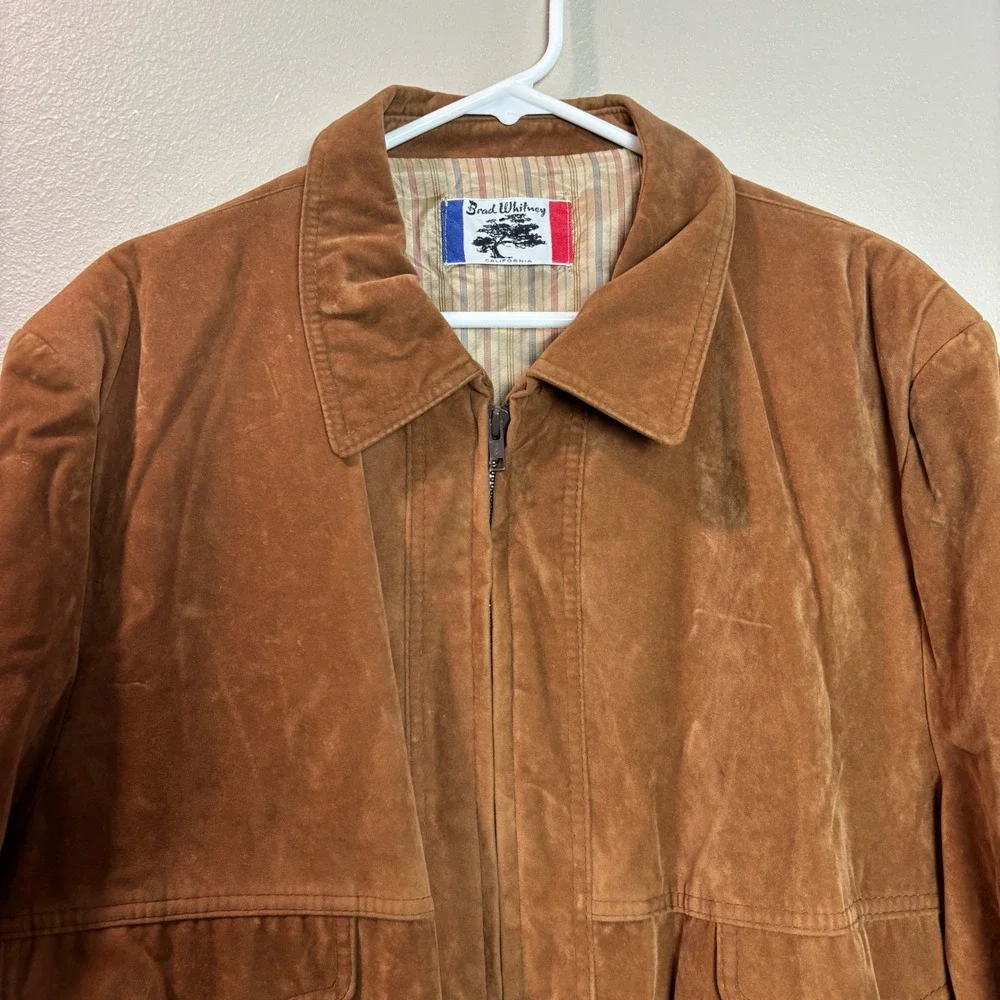 Brad Whitney Vintage Faux Suede Aviator Bomber Jacket Mens 2XL Brown Zip Front‎